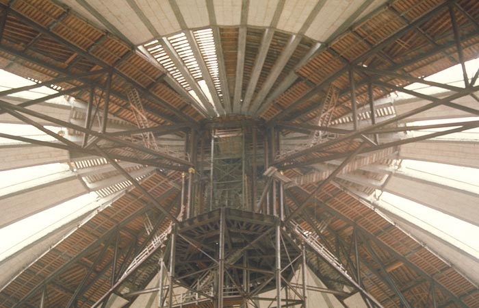 Looking up into the roof framework during construction