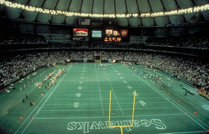 The football field set up for a Seahawks game